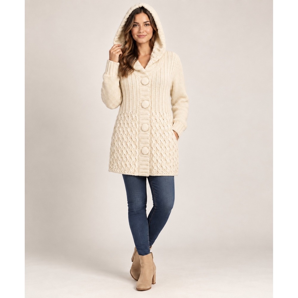 Alpaca Warehouse Hooded Cardigan Sweater Cream White Cable Knit Longline